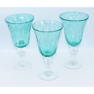 Val De Pome Christophe Saba Biot Seeded Teal Wine/Water Stemware Goblets France